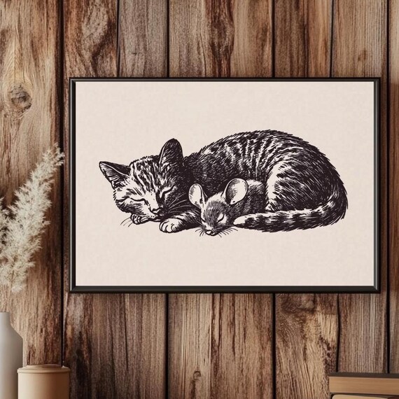 Sleeping Cat And Mouse Antique Ink Sketch Minimalist Bedroom Poster
