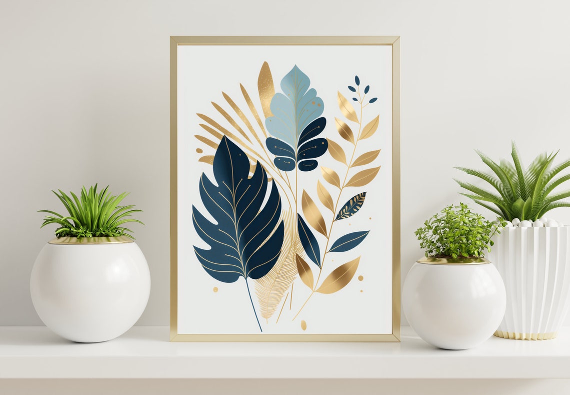 Navy Blue Gold Leaf Botanical Arrangement Luxe Modern Decor Poster - Image 3
