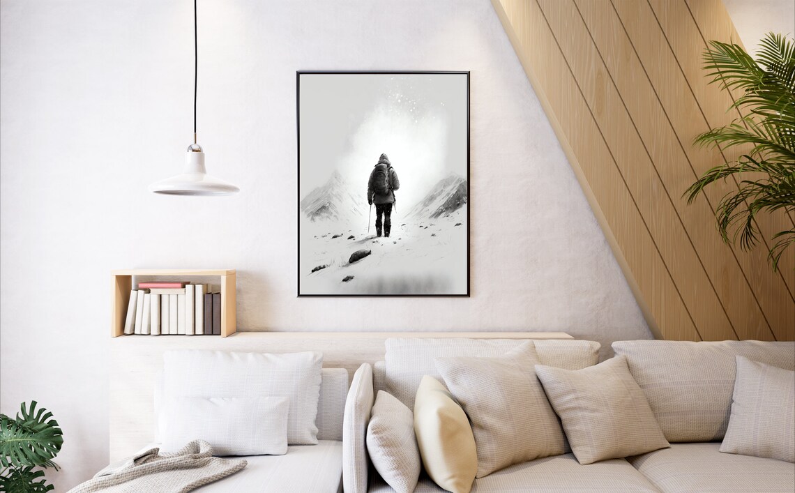 Monochrome Hiker Trekking Poles Snowy Mountain Trail Art Poster - Image 4