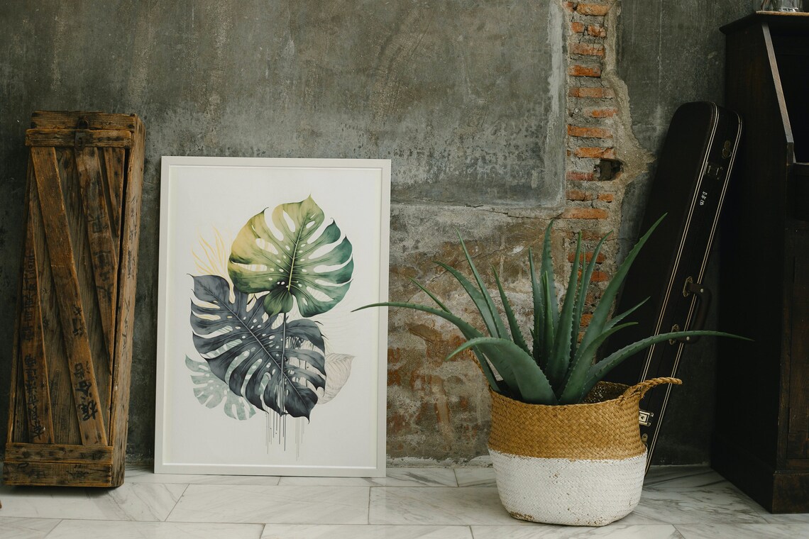 Watercolor Monstera Leaves Pair in Sage Green on Cream Art Poster - Image 2