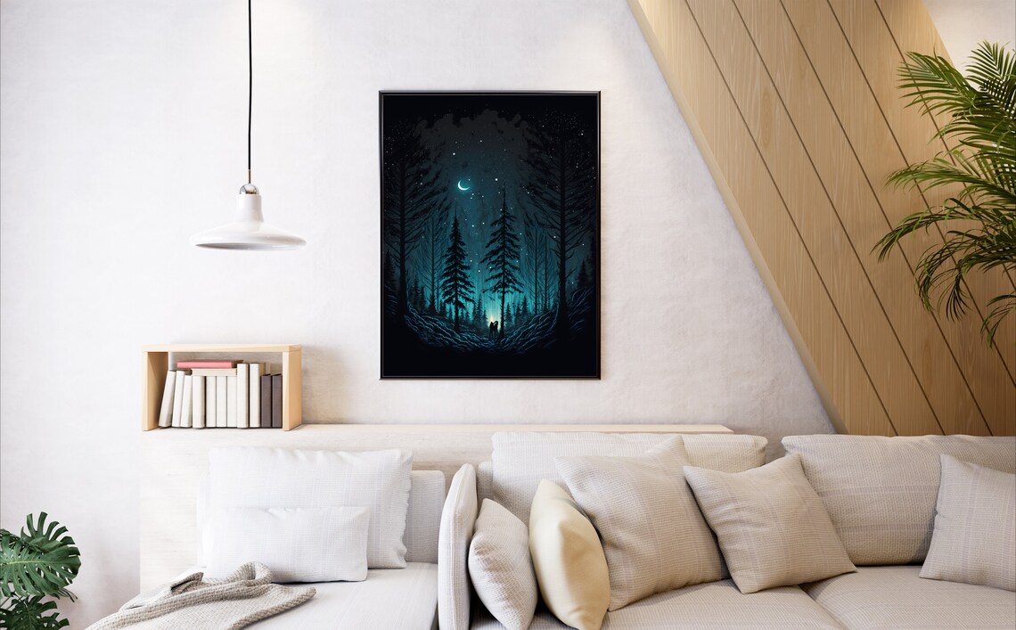 Moonlit Foggy Forest Path With Lantern Walker Night Sky Poster - Image 3