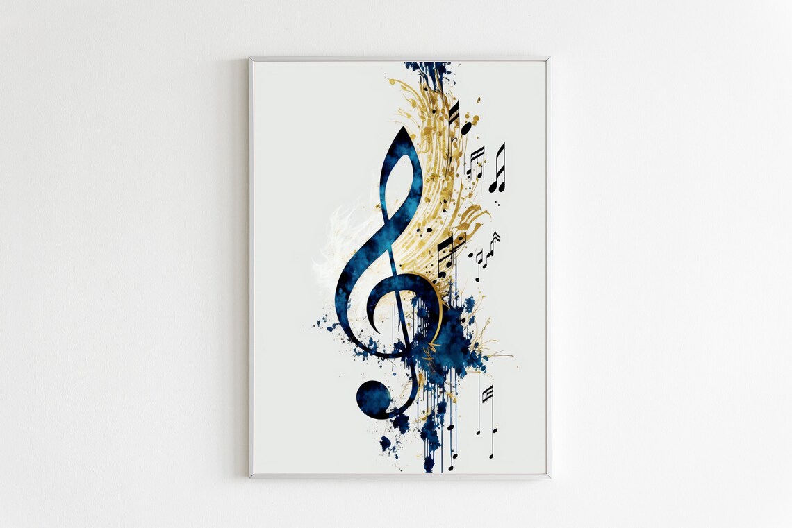 Navy Blue and Gold Treble Clef Watercolor Musical Decor Poster