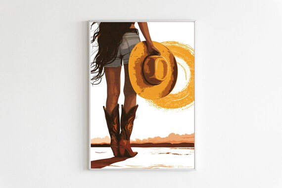 Coastal Cowgirl Boots Denim Hat Western Sunset Travel Poster