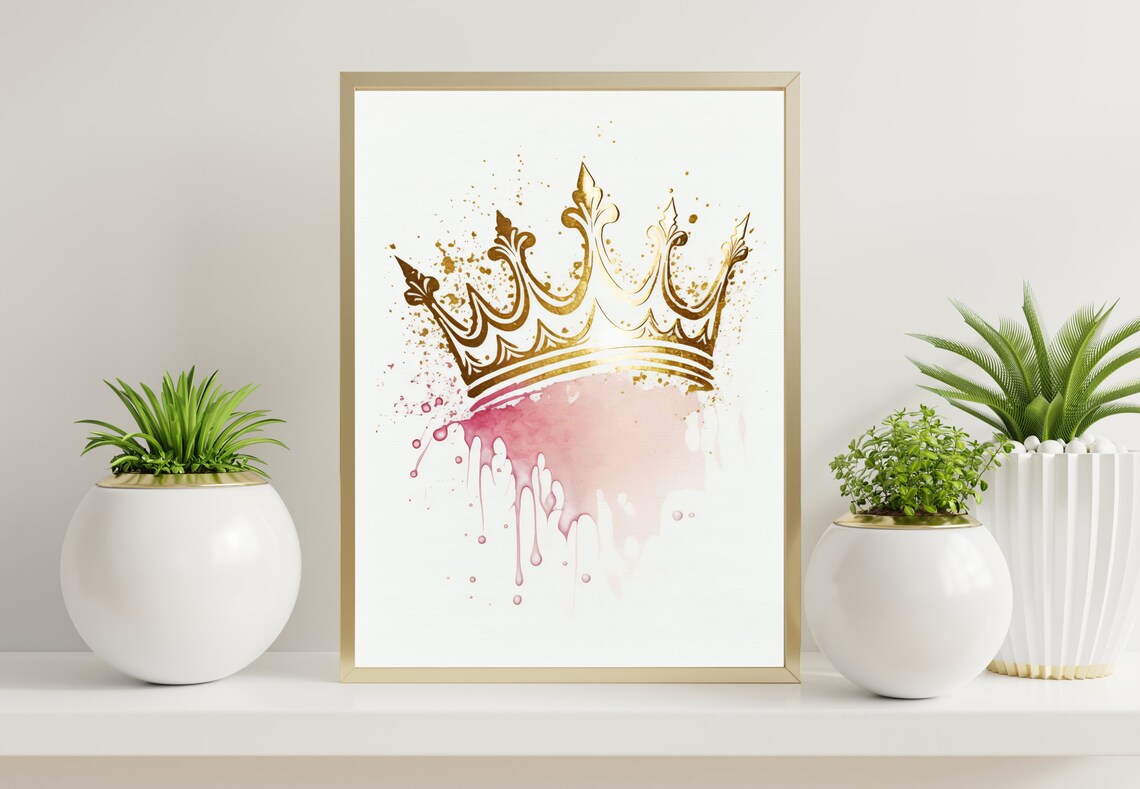 Pink Gold Watercolor Crown Queen Sparkle Feminine Room Poster - Image 2
