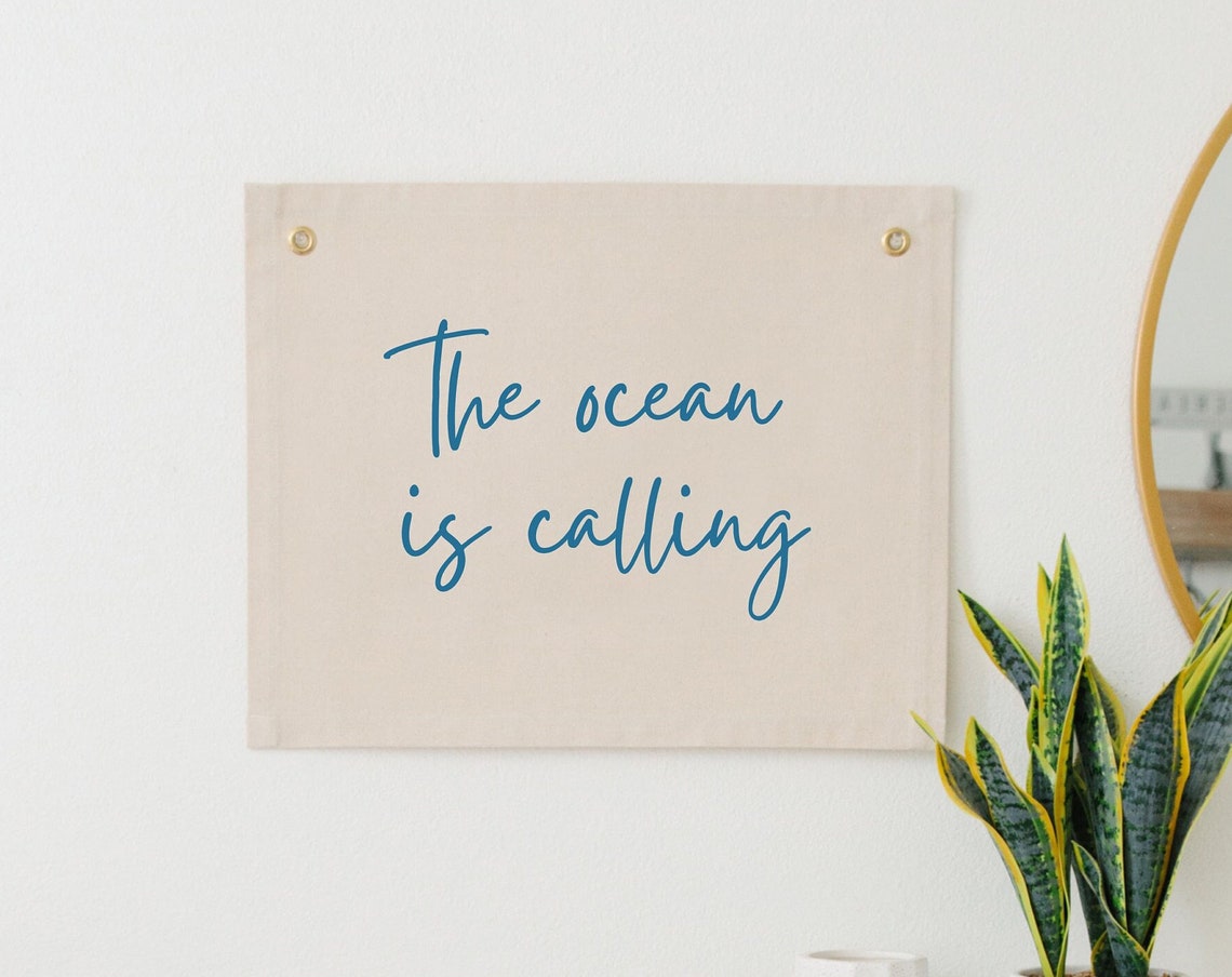 The Ocean Is Calling Blue Script Canvas Flag Wall Art for Beach Lovers