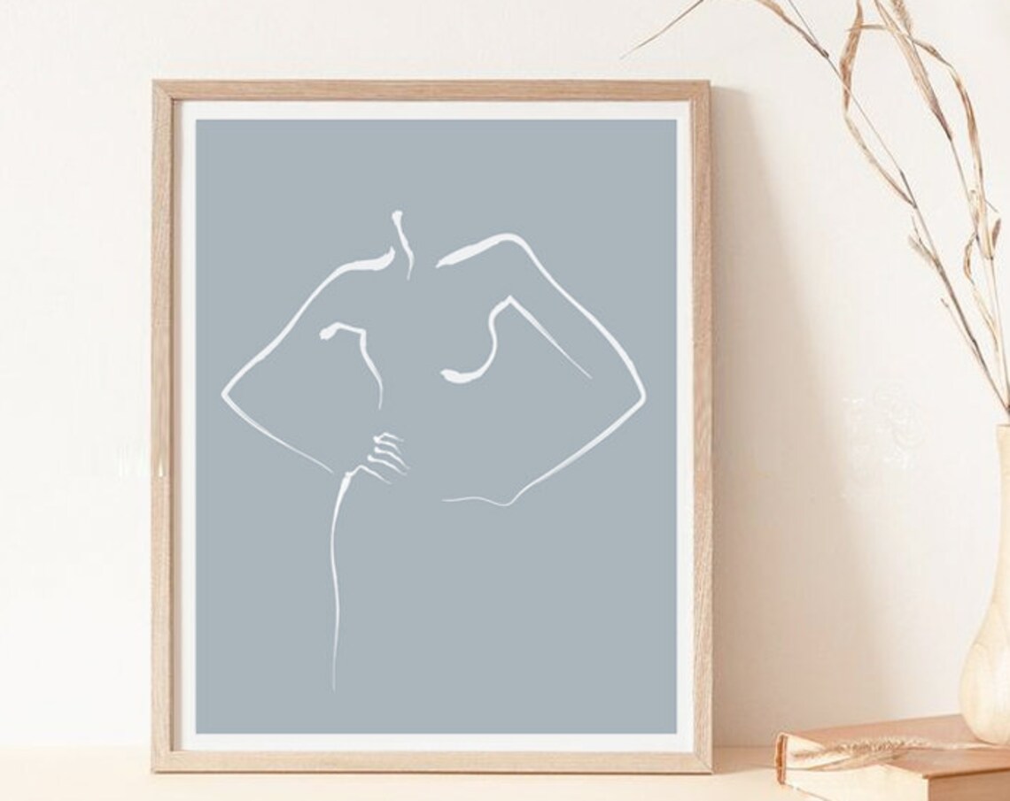 Blue One-Line Woman Art Print, Scandinavian Neutral