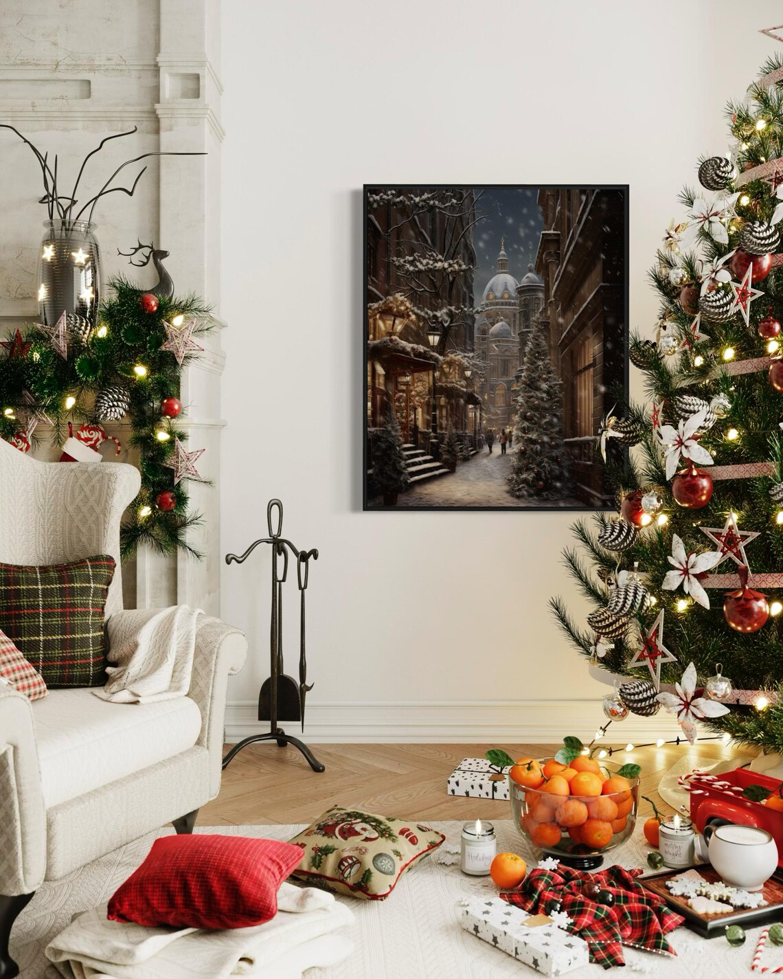 Snowy European Old Town Street Cathedral Christmas Night Scene Poster - Image 2