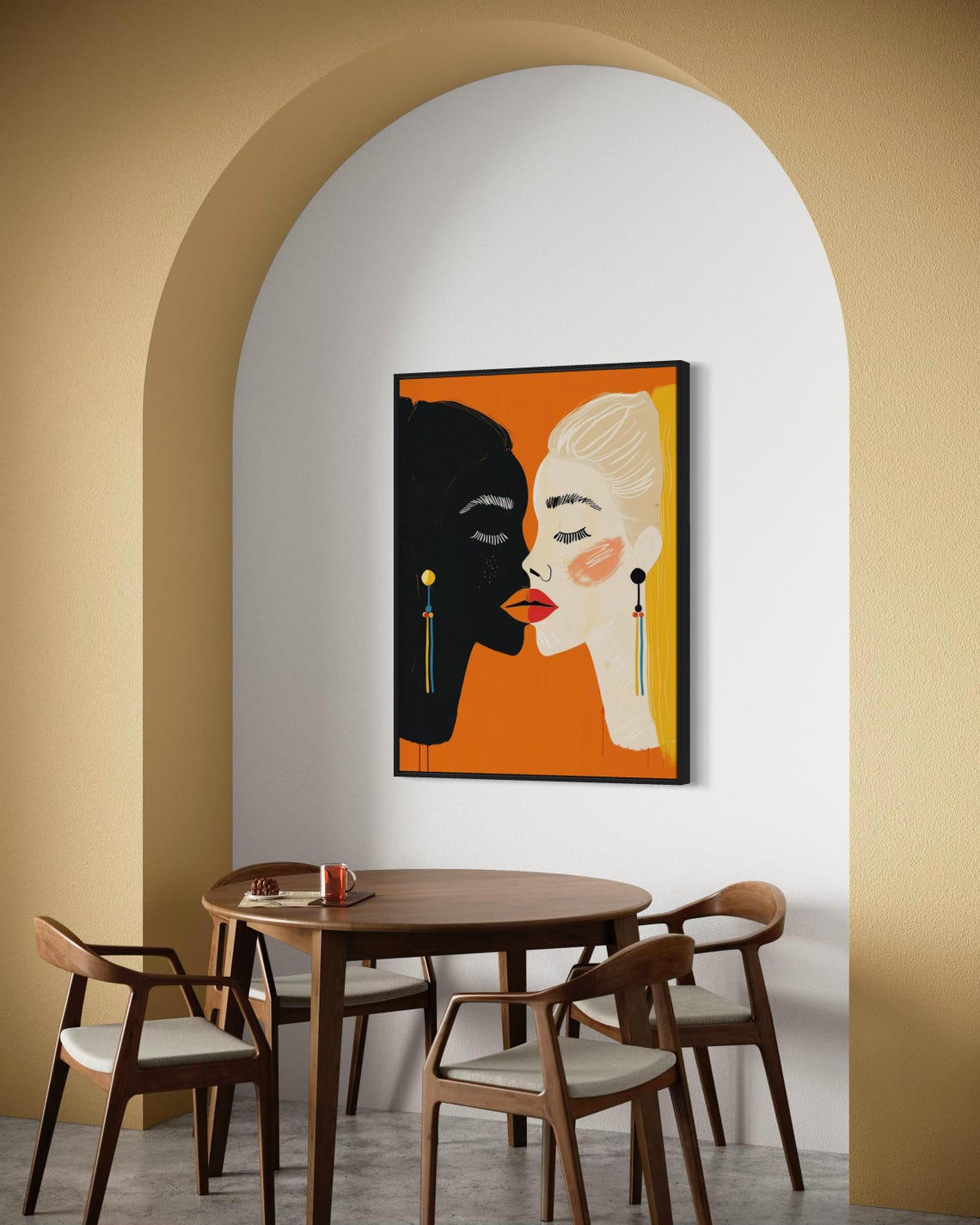 Two Women Faces Bold Modern Illustration Orange Background Wall Art - Image 7