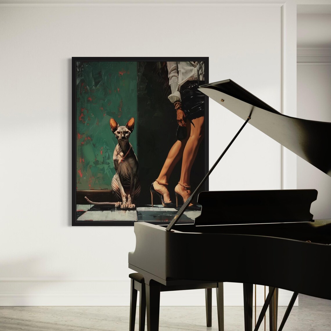 Sphynx Cat With Gold Necklace Beside Woman in Heels Art Poster - Image 3