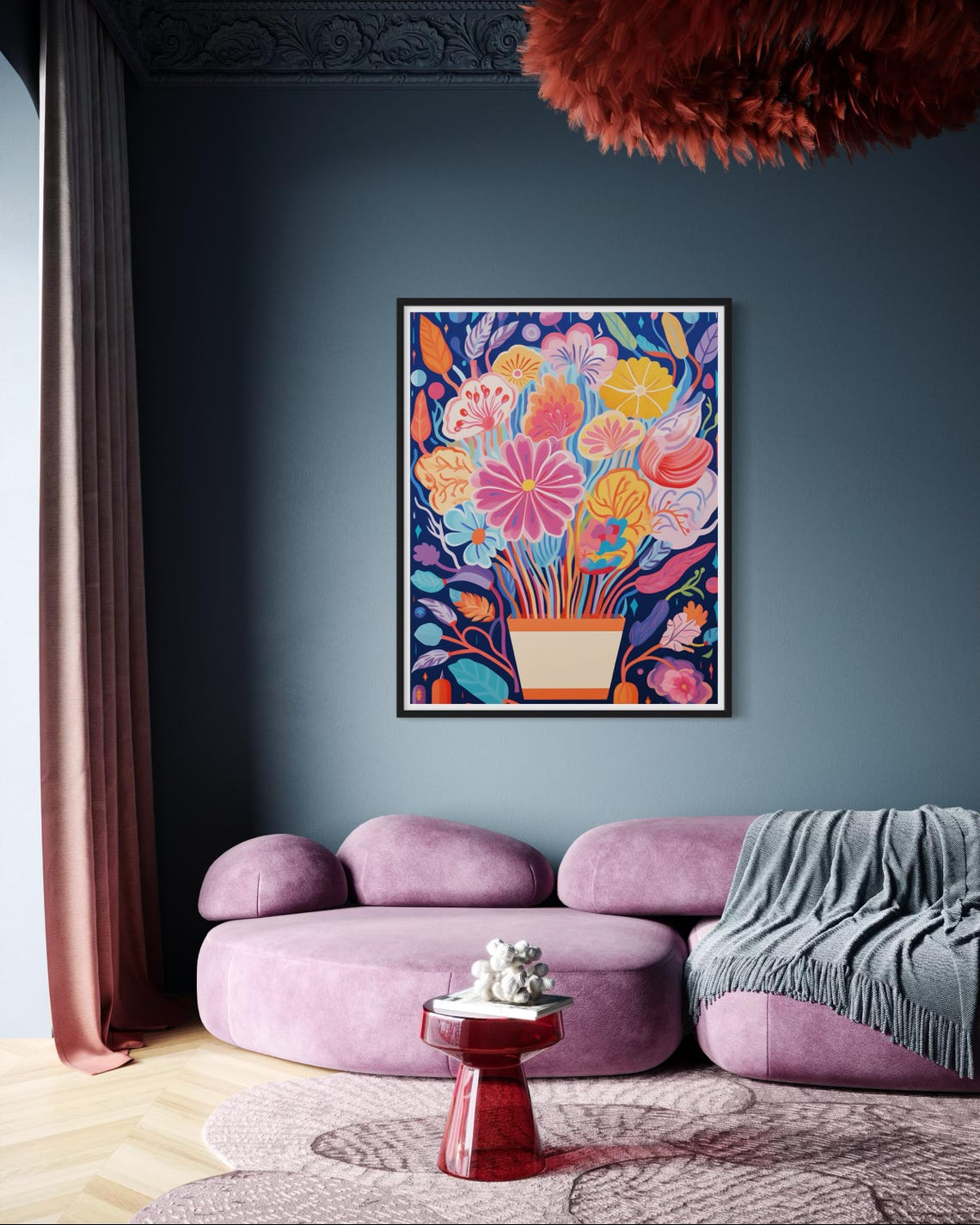 Colorful Flower Bouquet In Pot On Navy Blue Botanical Art Print - Image 2