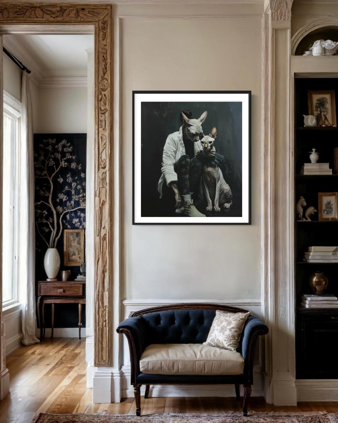 Sphynx Cat Head Human Portrait Dark Academia Cat Lover Wall Art - Image 2