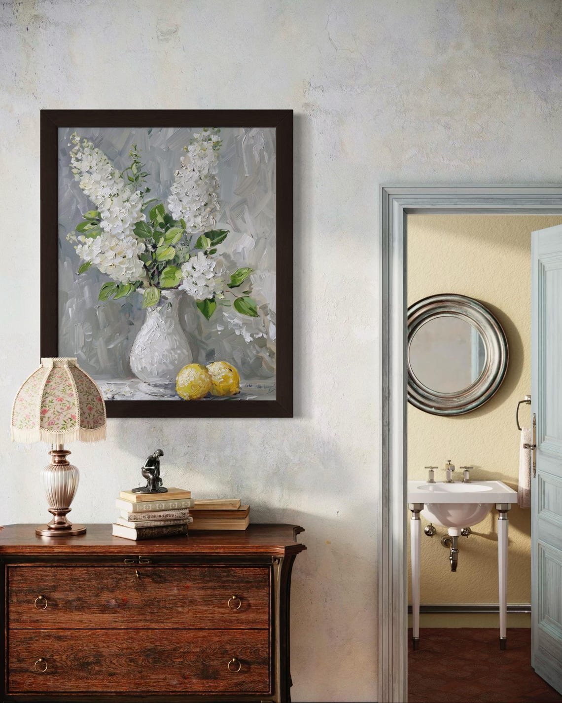 White Floral Bouquet Vase Lemons Elegant Still Life Oil Poster - Image 4