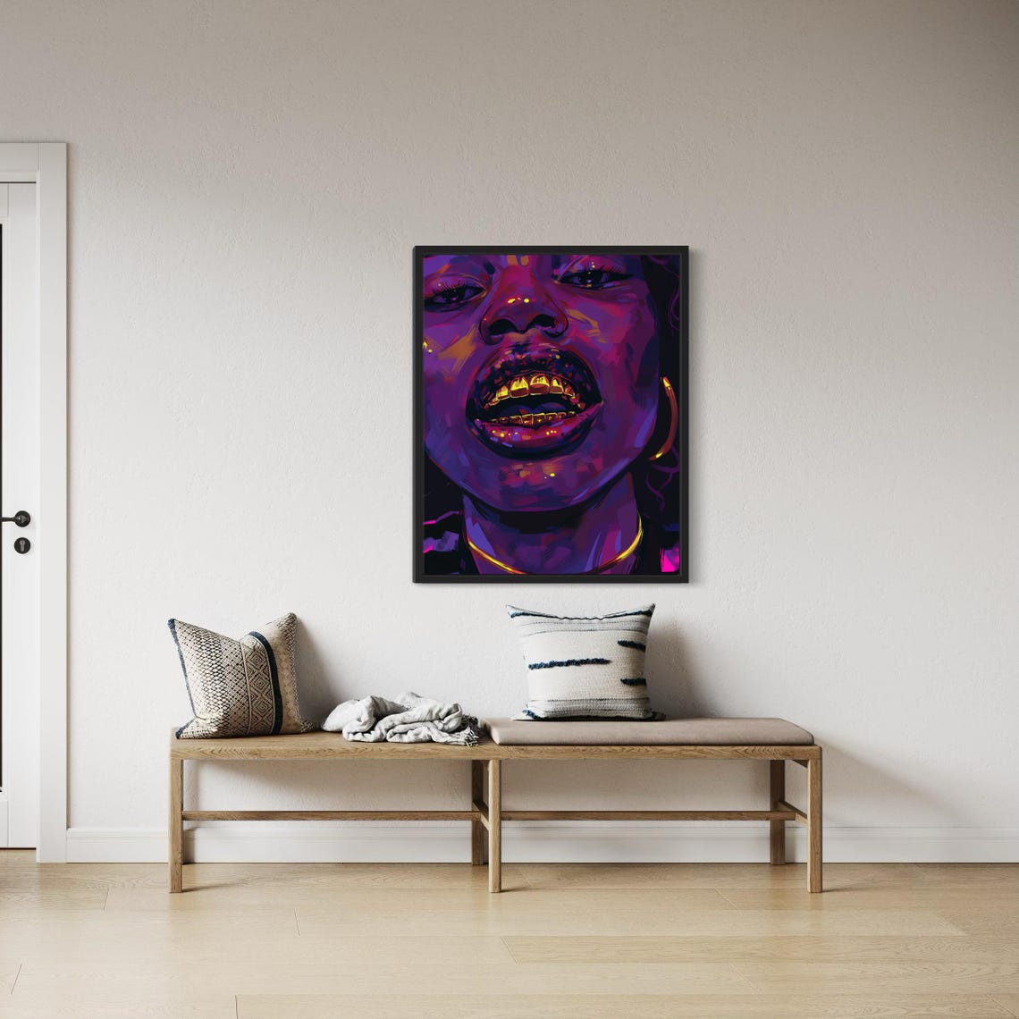 Neon Purple Portrait With Gold Grillz and Hoop Earring Art Poster - Image 2