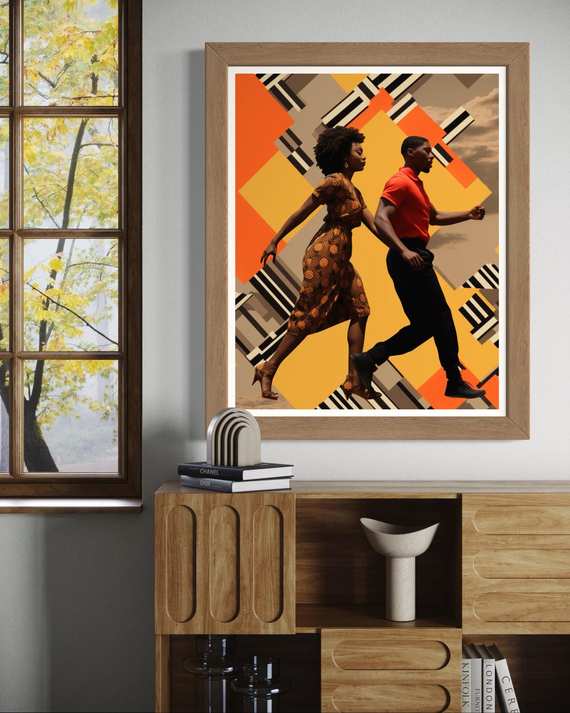 Afro Couple Walking Geometric Orange Retro Background Art Print - Image 2