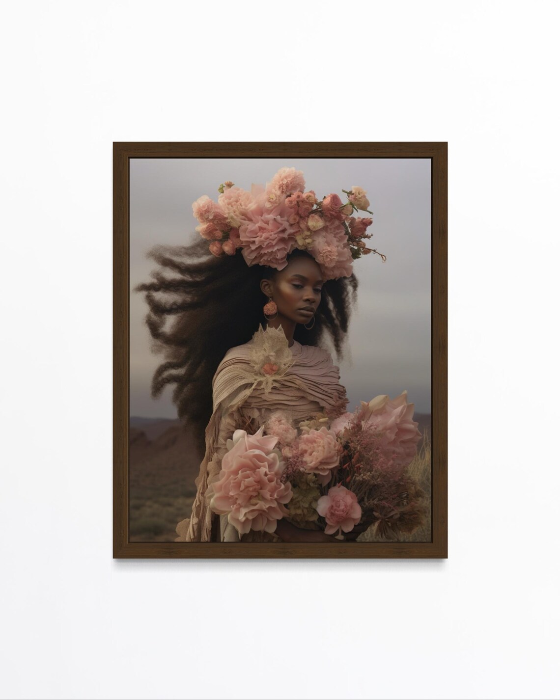 Black Woman With Pink Flower Crown Holding Bouquet Afro Art Print