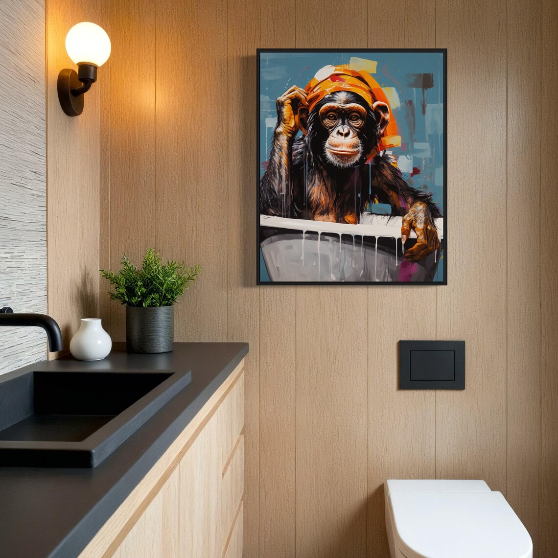 Chimpanzee in Bathtub Wearing Orange Turban Playful Art Poster - Image 7