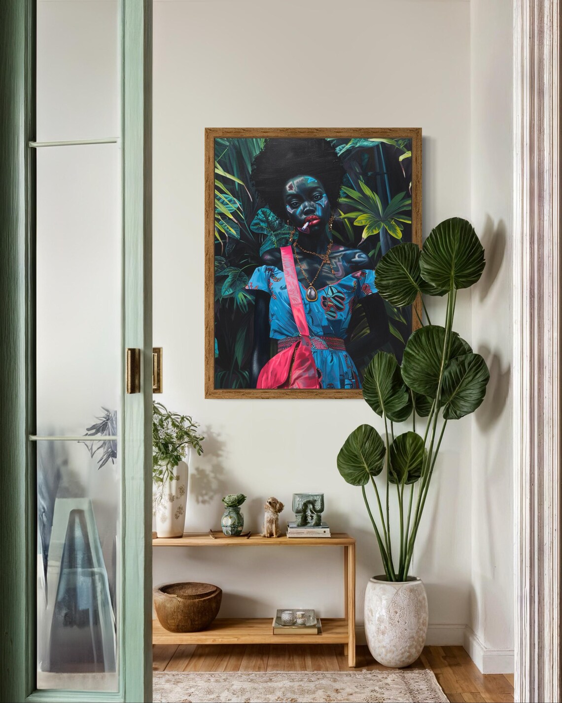 Moody Black Woman in Blue Dress With Pink Sash Jungle Art Poster - Image 4
