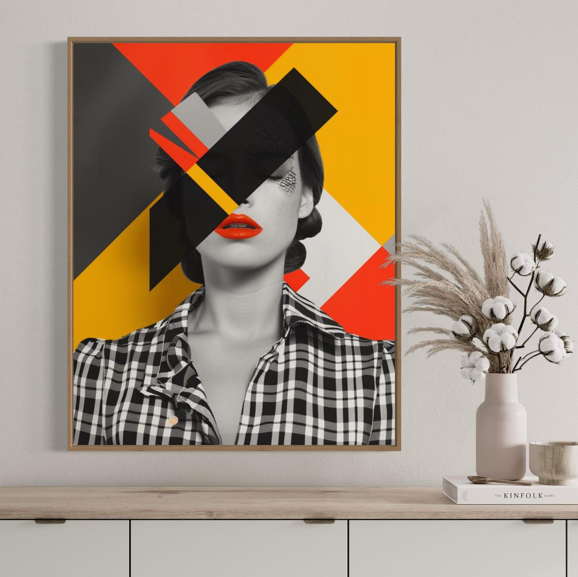 Woman in Checkered Shirt With Bold Geometric Face Shards Art Poster - Image 7