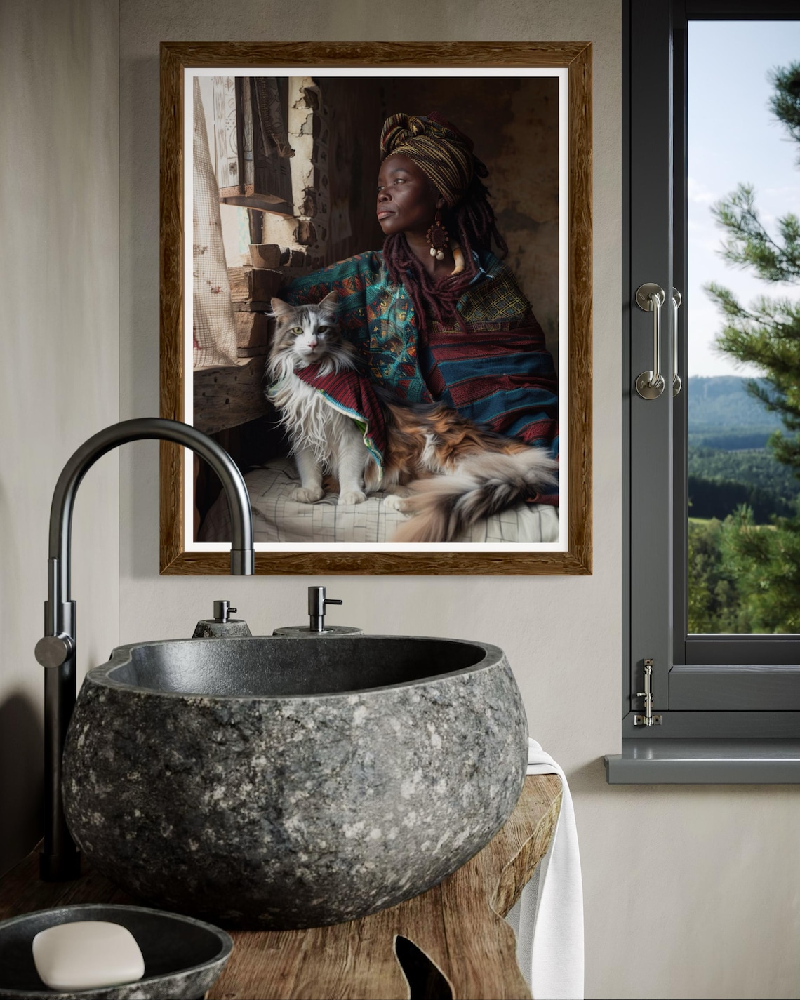 African Woman In Bohemian Shawl With Long Haired Cat Art Poster - Image 3