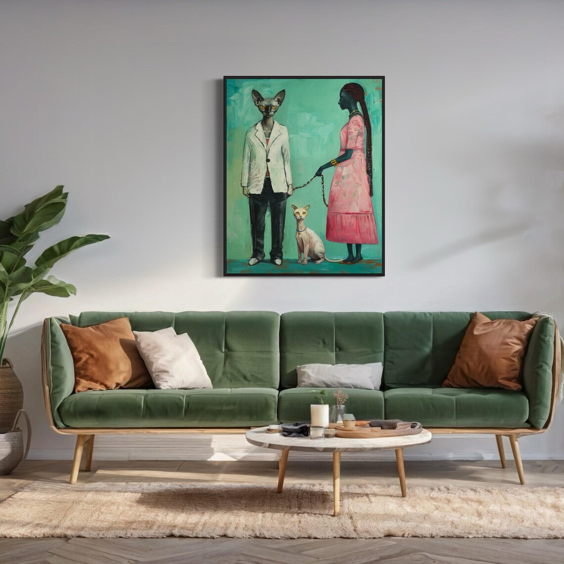 Surreal Sphynx Cat Couple Portrait With Pink Dress Woman Art Poster - Image 3