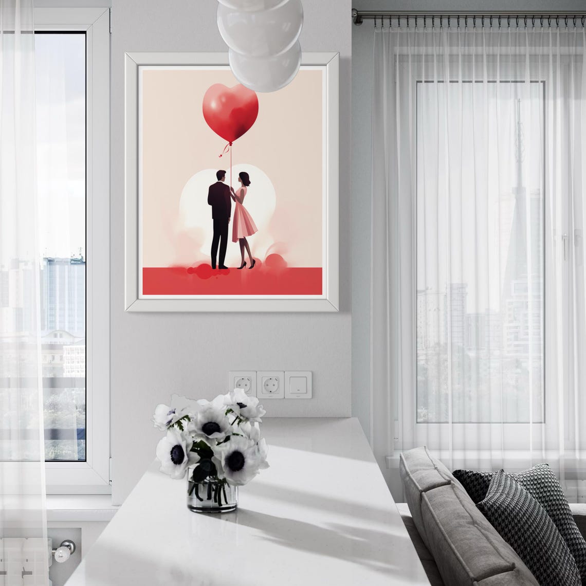 Minimalist Couple Red Heart Balloon Blush Love Scene Poster Home Decor - Image 3