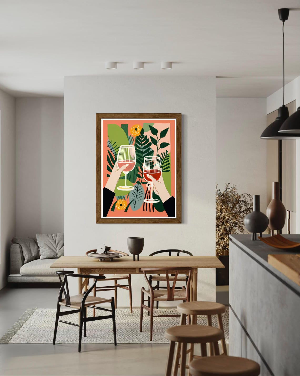Cheers Botanical Wall Art Tropical Wine Illustration For Kitchen Or Bar Decor Modern Botanical Artwork With Pink And Green - Image 3