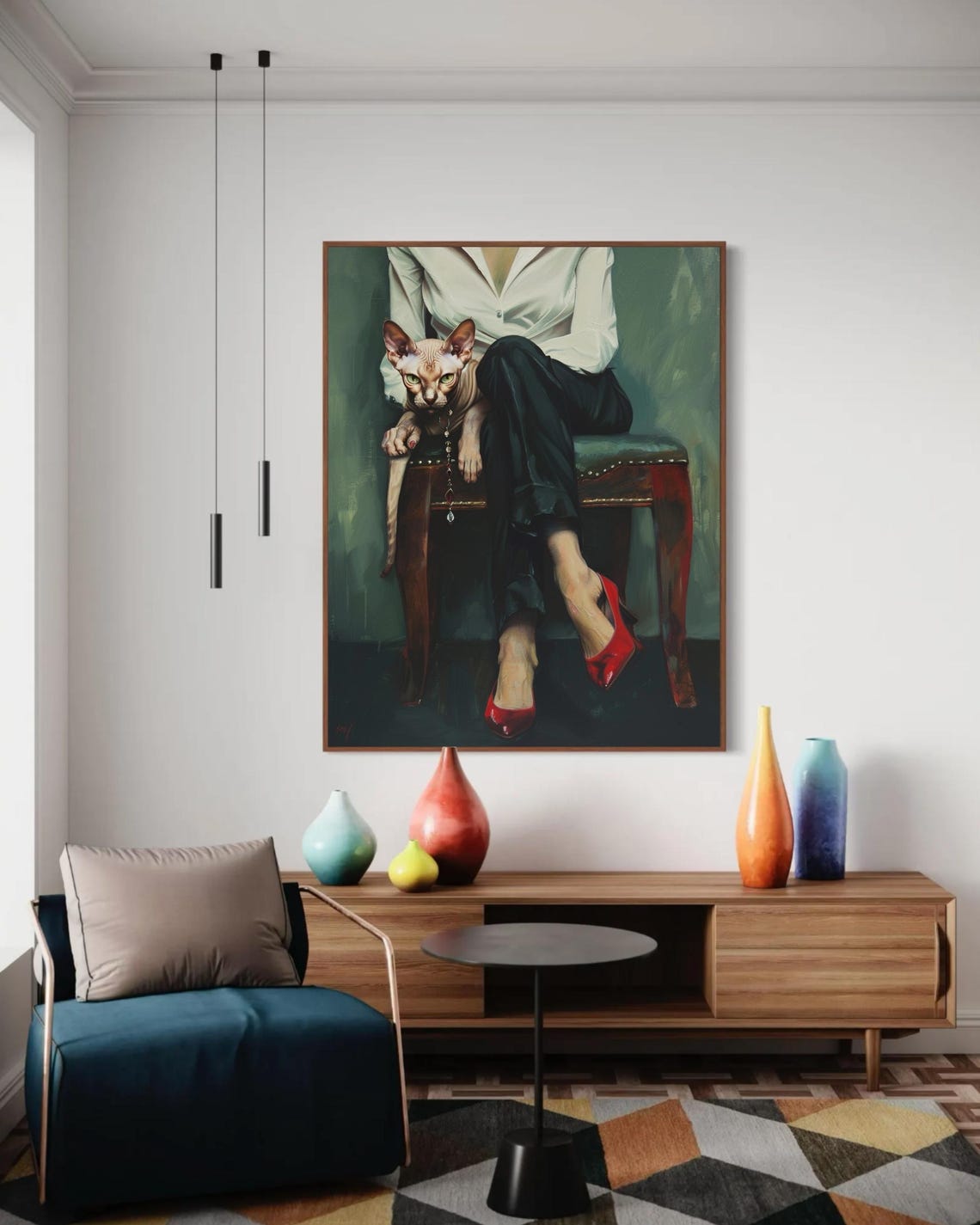 Elegant Woman Red Heels Sphynx Cat Modern Glam Portrait Art Print - Image 6