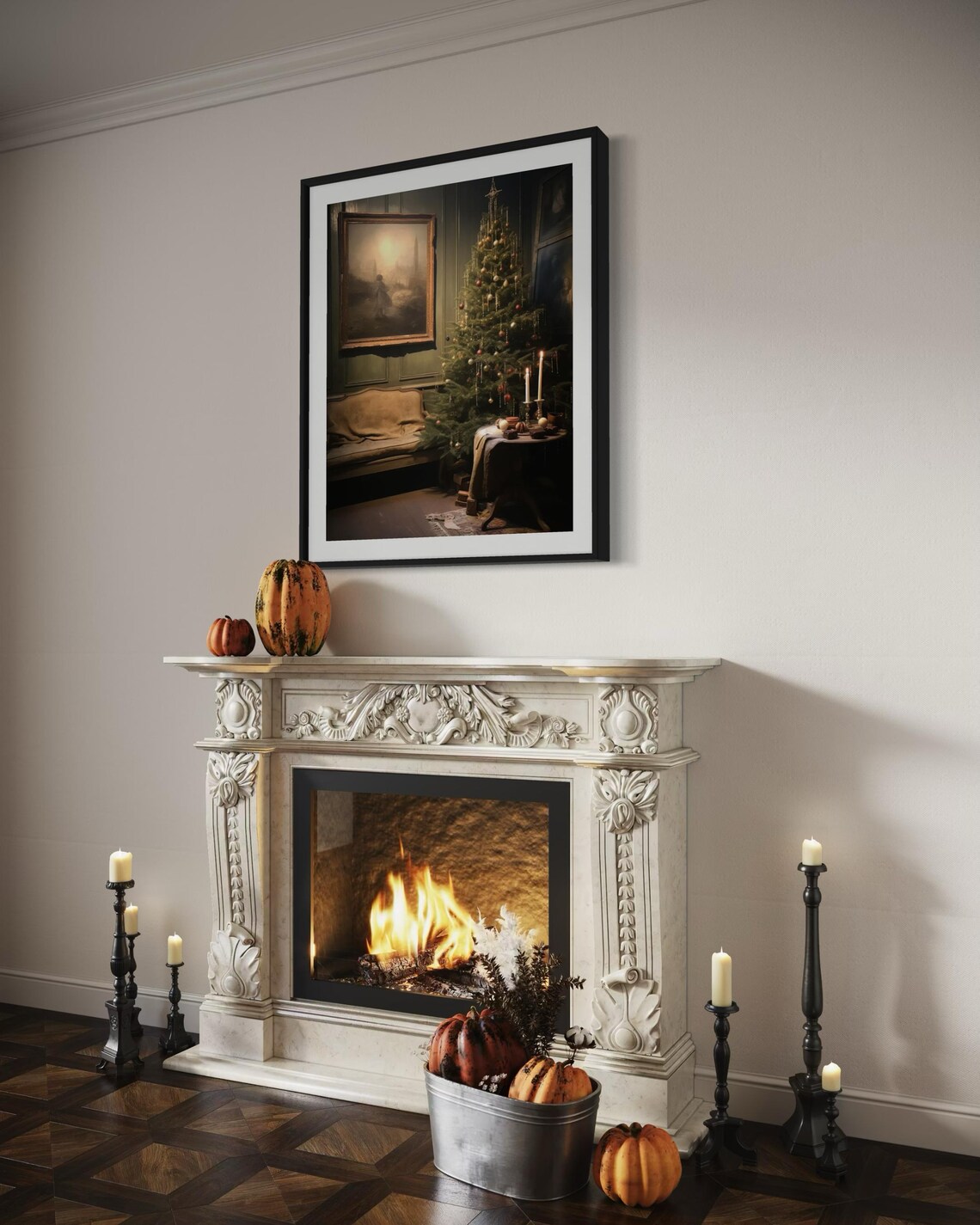 Cozy Christmas Room Tree Candlelight Moody Vintage Interior Wall Art - Image 3