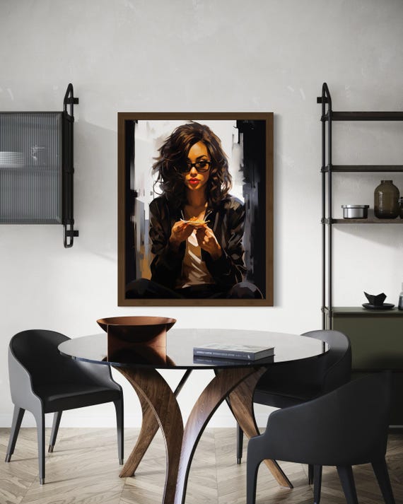 Modern Portrait Art Print Stylish Girl Eating In Bold Brushstrokes Unique Urban Wall Decor For Dining Room Or Kitchen