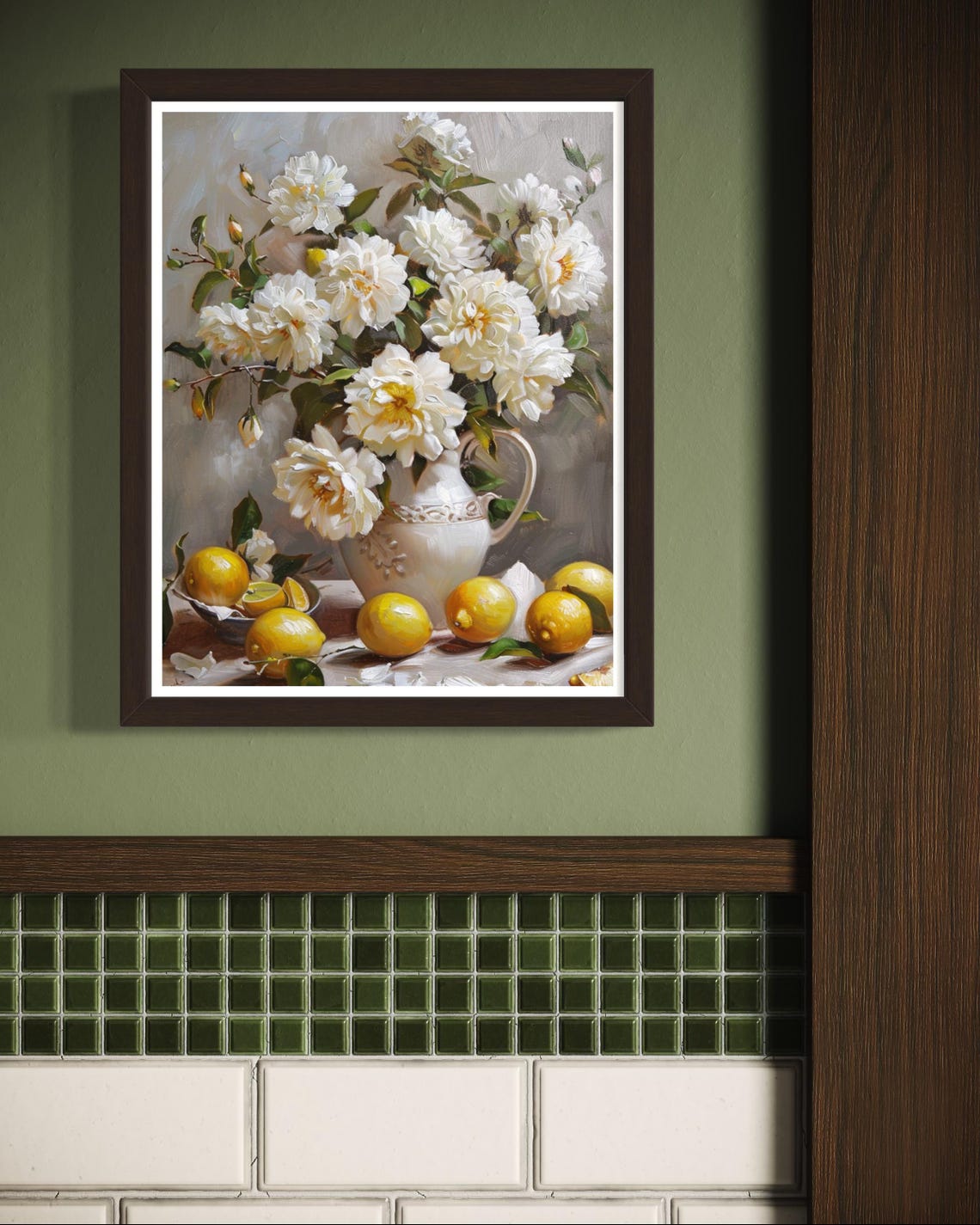White Peonies Pitcher Fresh Lemons Vintage Still Life Wall Art - Image 4