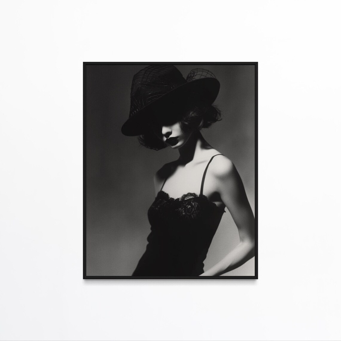 Black and White Woman in Hat and Black Lace Dress Glamour Poster