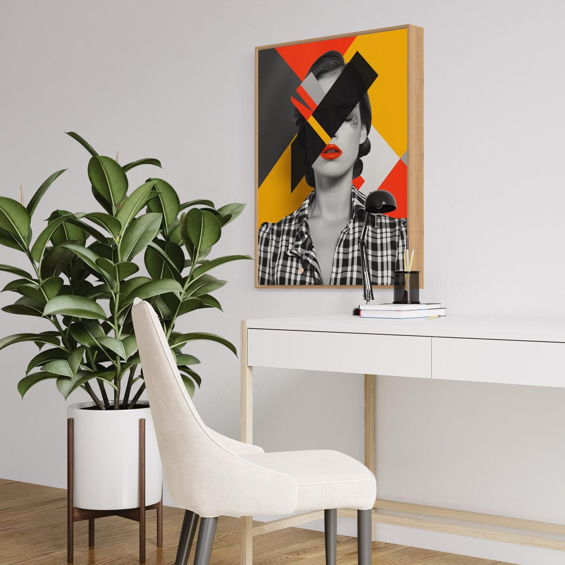 Woman in Checkered Shirt With Bold Geometric Face Shards Art Poster - Image 3