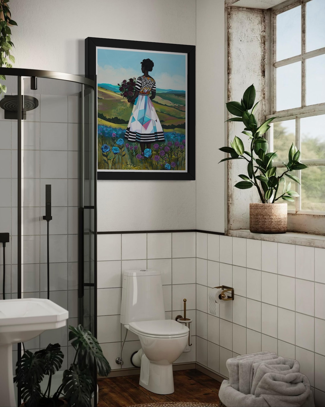 African Woman Holding Red Roses Bouquet In Flower Field Art Print - Image 6