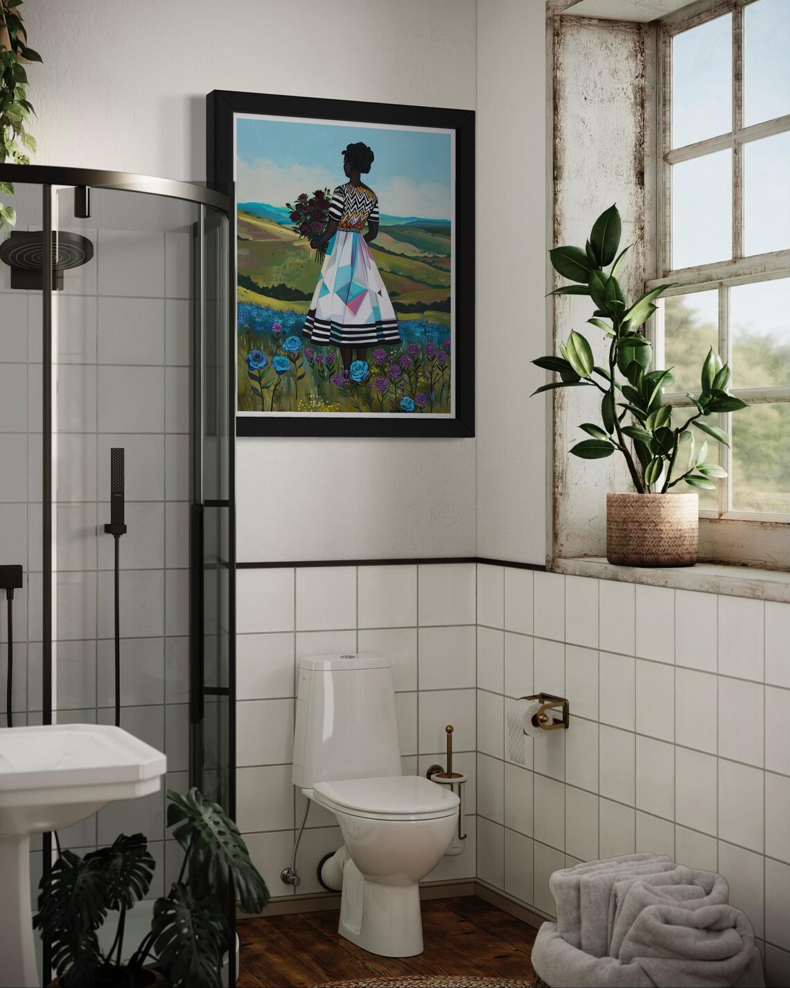 African Woman With Floral Bouquet Art Afrocentric Nature Wall Art Vibrant Black Girl Painting Modern African Landscape Print - Image 6