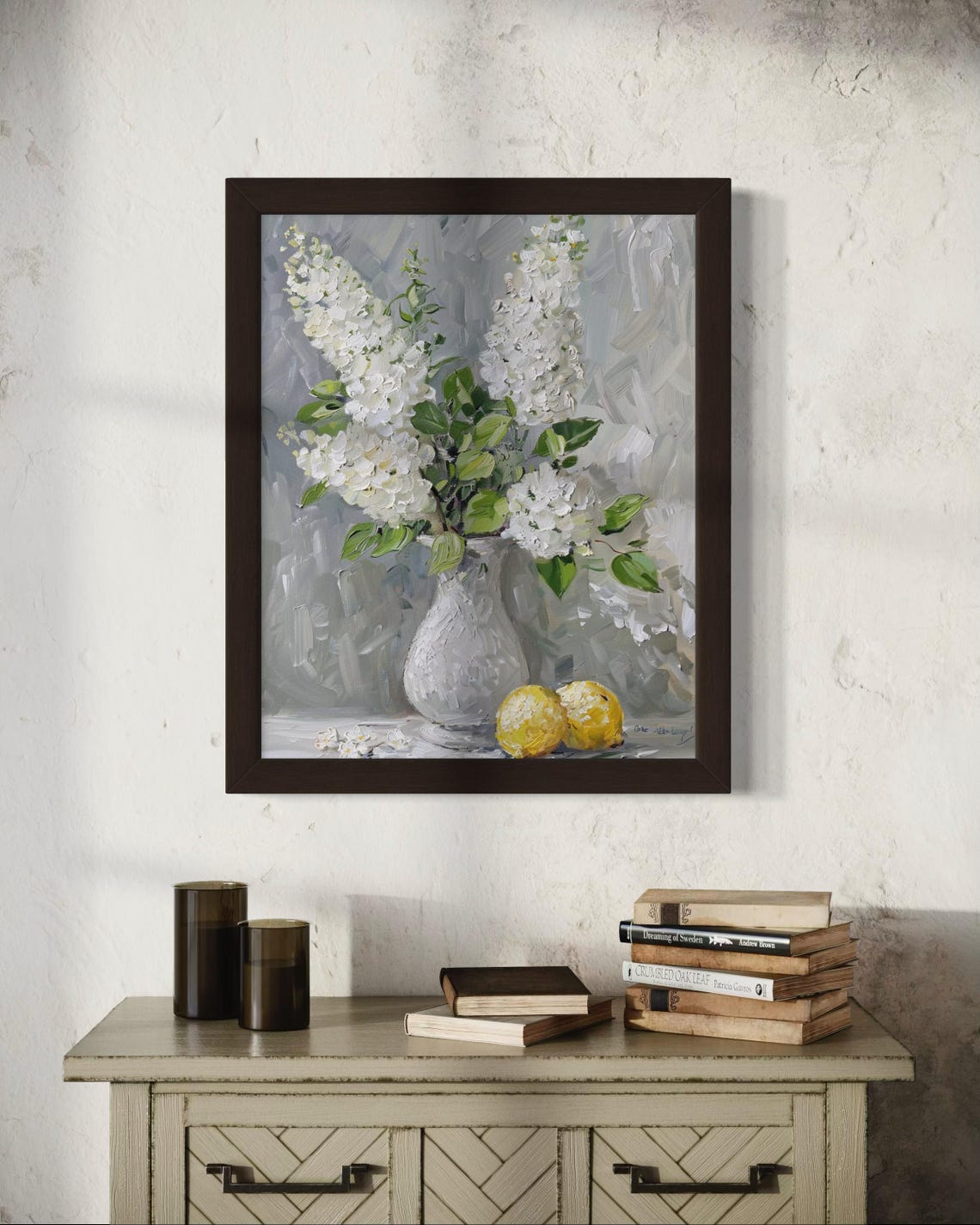 White Floral Bouquet Vase Lemons Elegant Still Life Oil Poster - Image 2