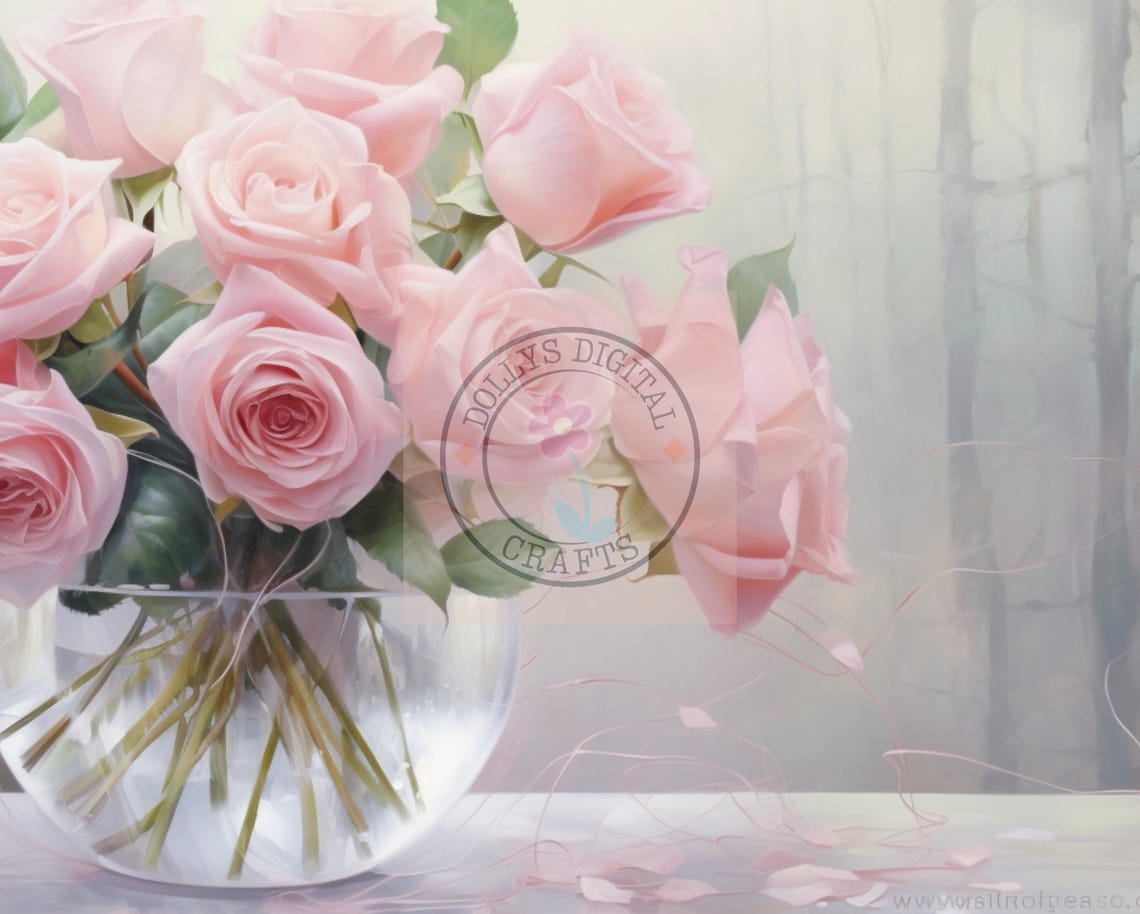 Pink Roses Glass Vase Soft Floral Bouquet Light Airy Poster Home Decor - Image 4