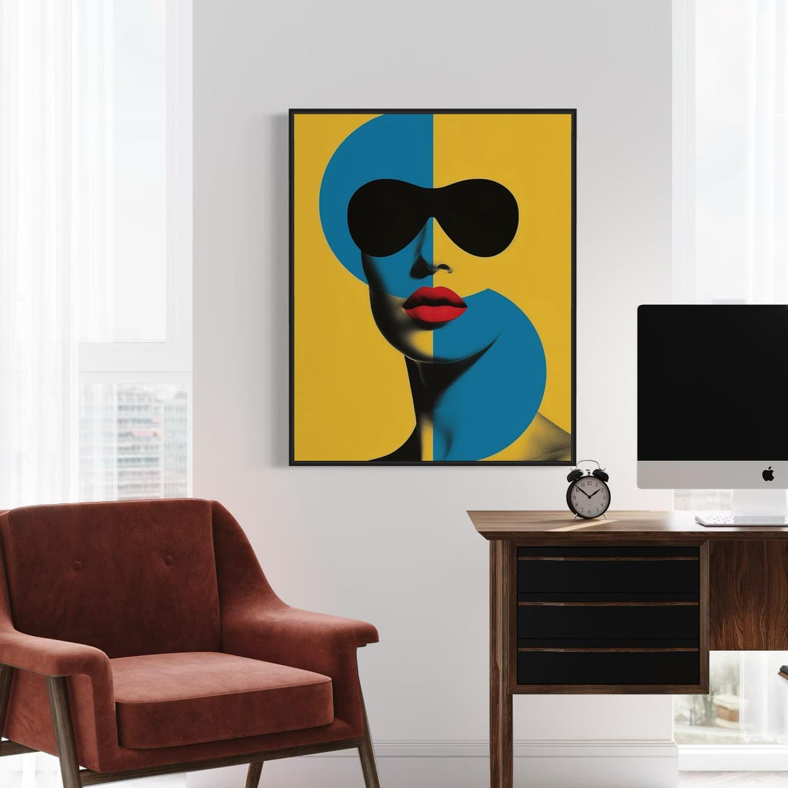 Pop Art Woman Face With Yellow Blue Split and Red Lips Art Poster - Image 4