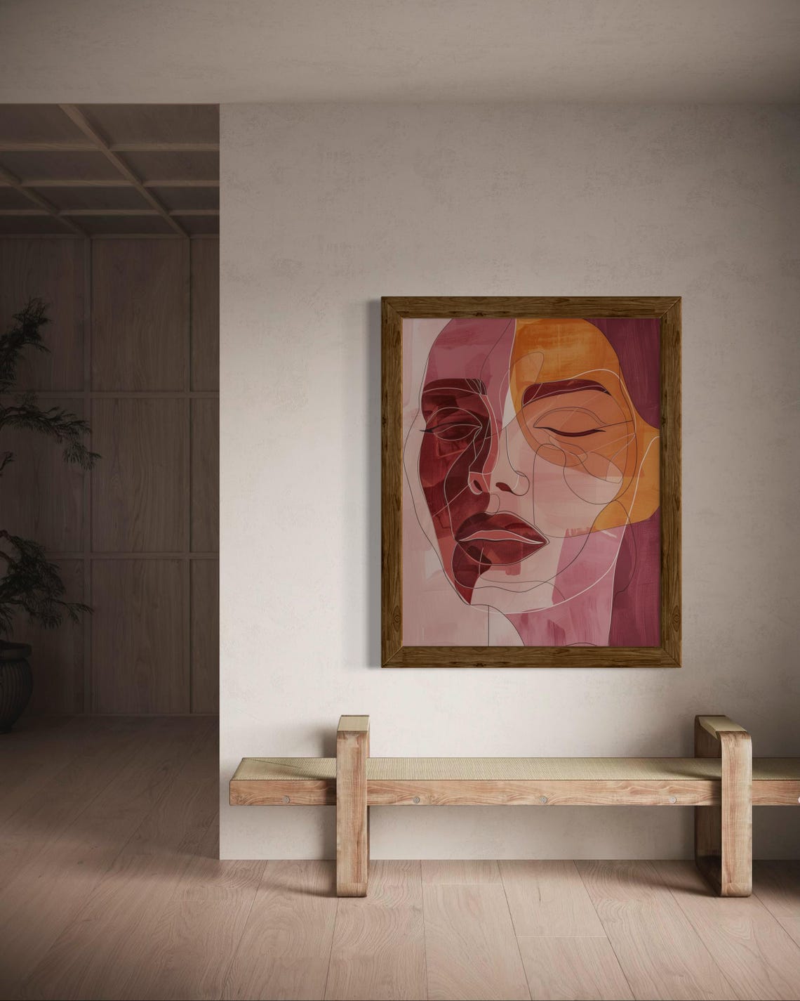 Abstract Woman Face Warm Maroon Tones Boho Minimalist Art Poster