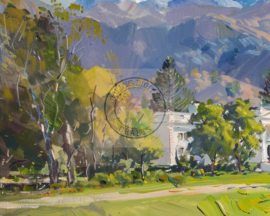 White Mountain Mansion Oil Painting Green Lawn Landscape Poster - Image 5