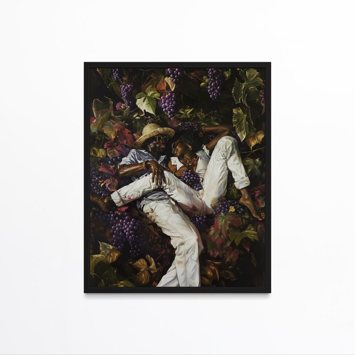 Black Couple Relaxing in Vineyard Among Grapes Romantic Art Poster