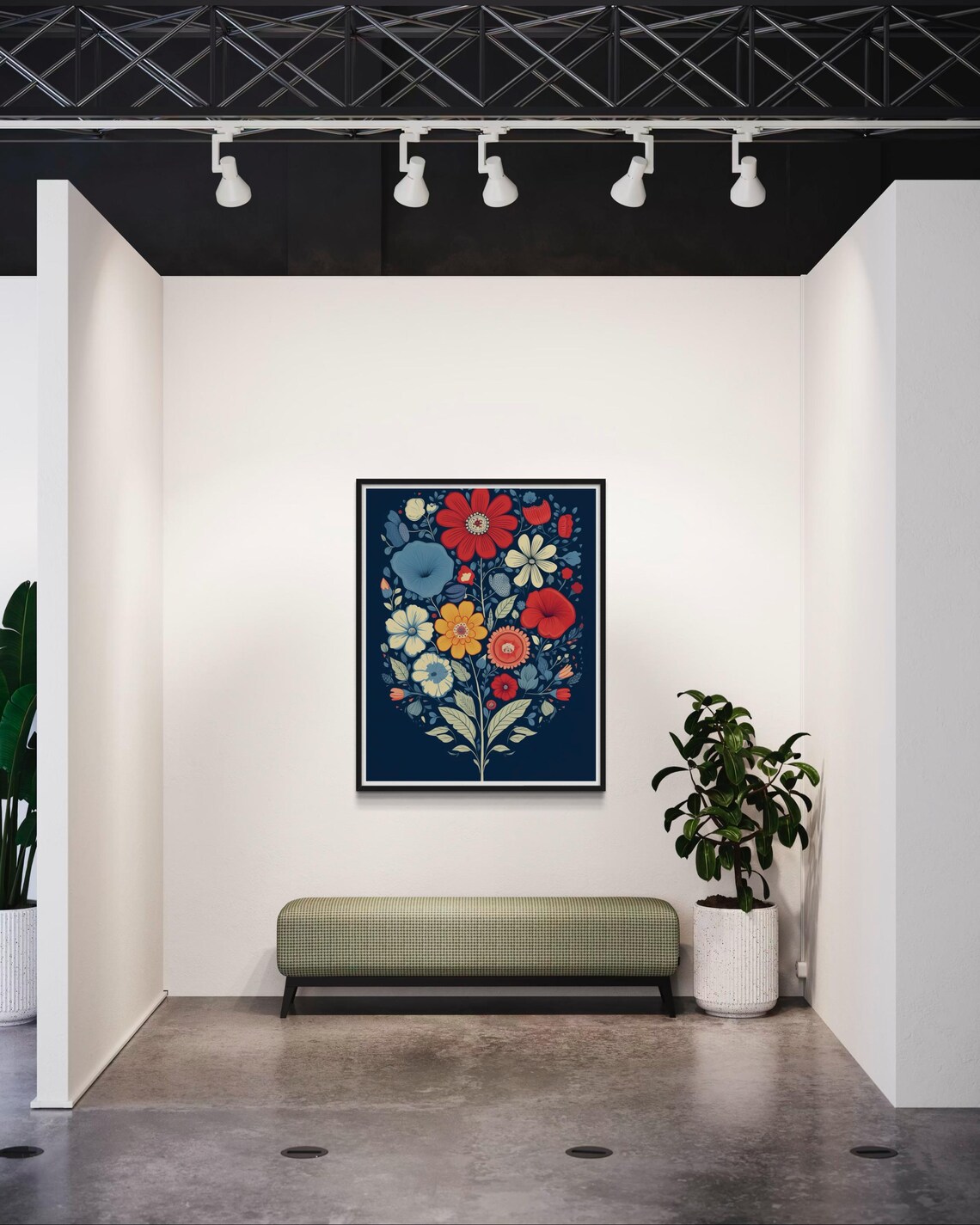 Folk Flower Bouquet On Dark Navy Red Orange Blossom Art Poster - Image 4