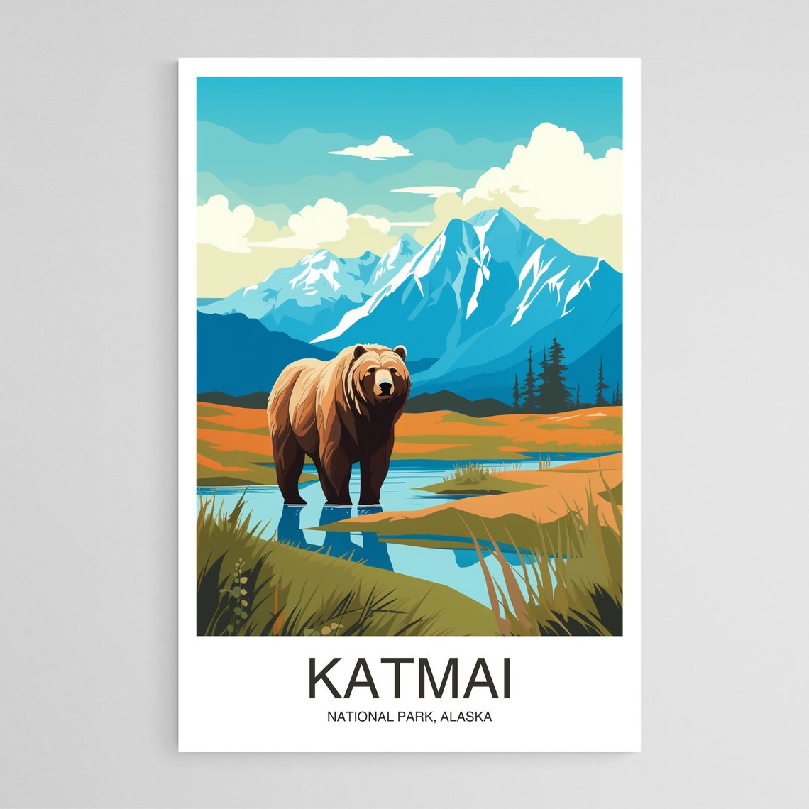 Katmai National Park Alaska Brown Bear River Wildlife Travel Poster