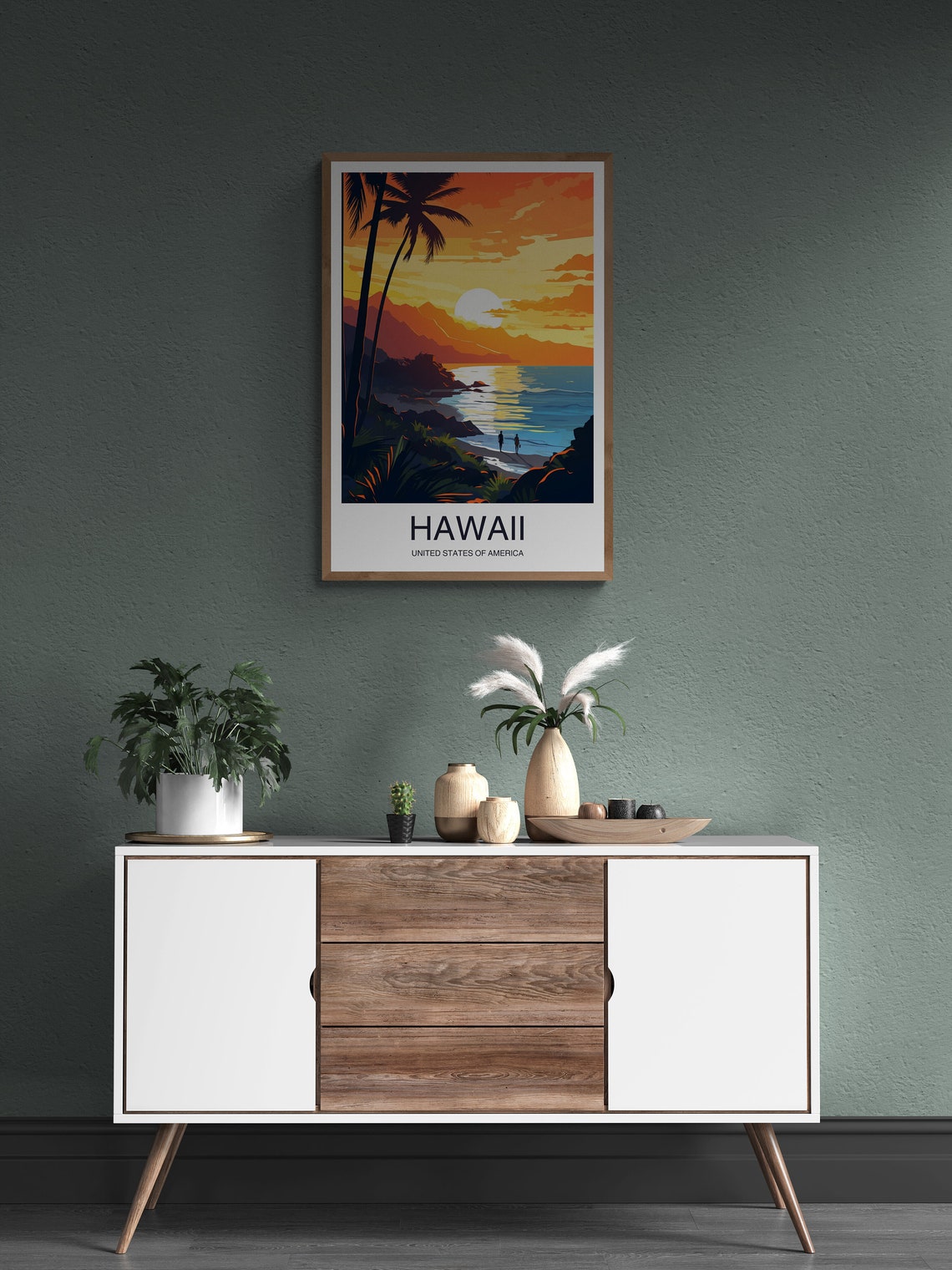 Hawaii Tropical Sunset Palm Trees Beach Waves Silhouette Travel Poster - Image 2
