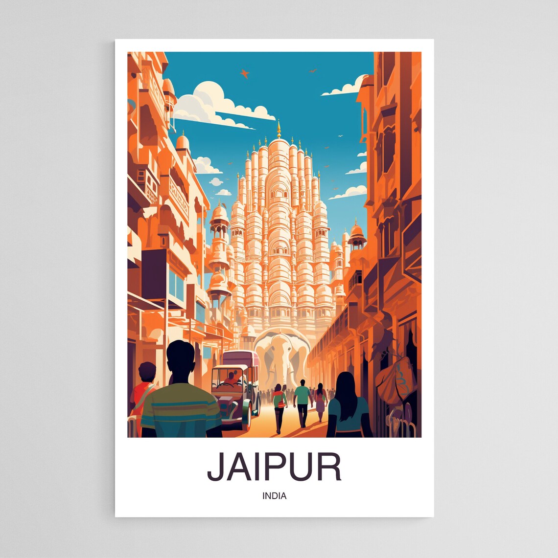 Jaipur India Bustling Hawa Mahal Street Vintage Travel Poster