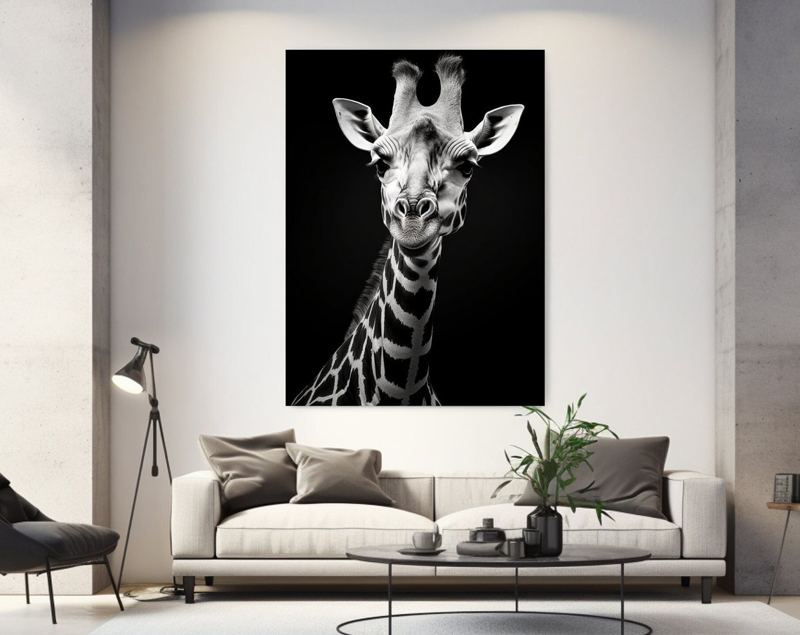 Giraffe Black White Portrait Front View Striking Animal Poster
