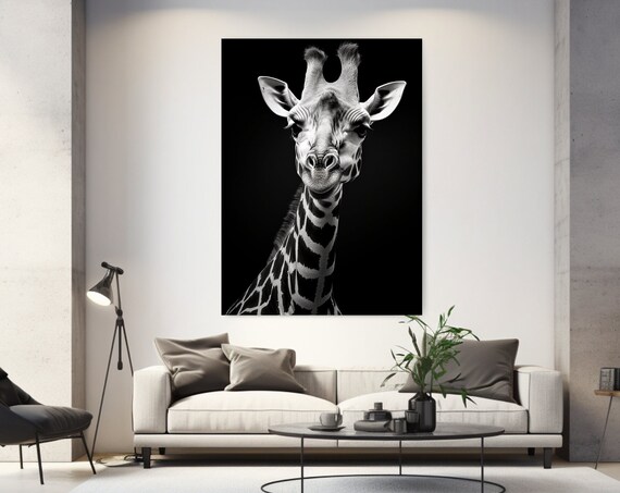 Giraffe Black White Portrait Front View Striking Animal Poster