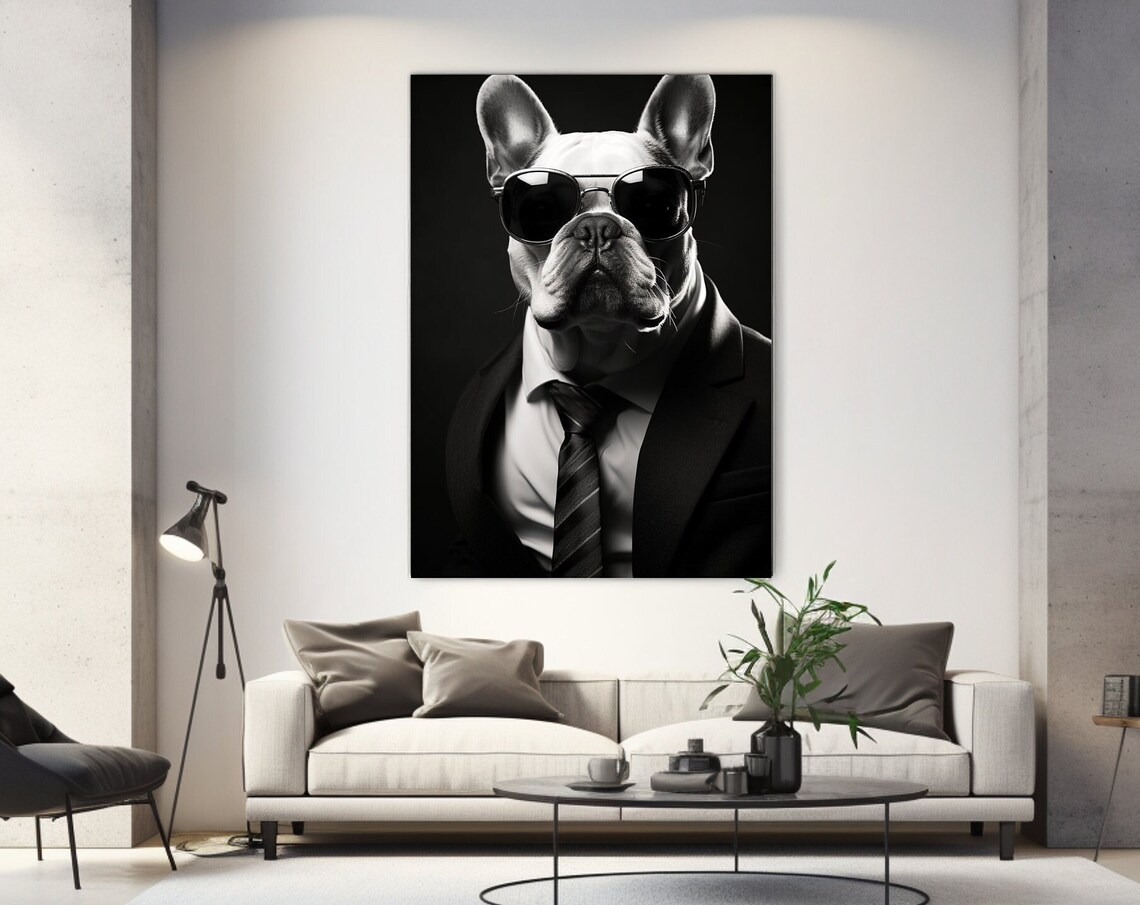 French Bulldog In Suit And Sunglasses Cool Boss Black White Poster
