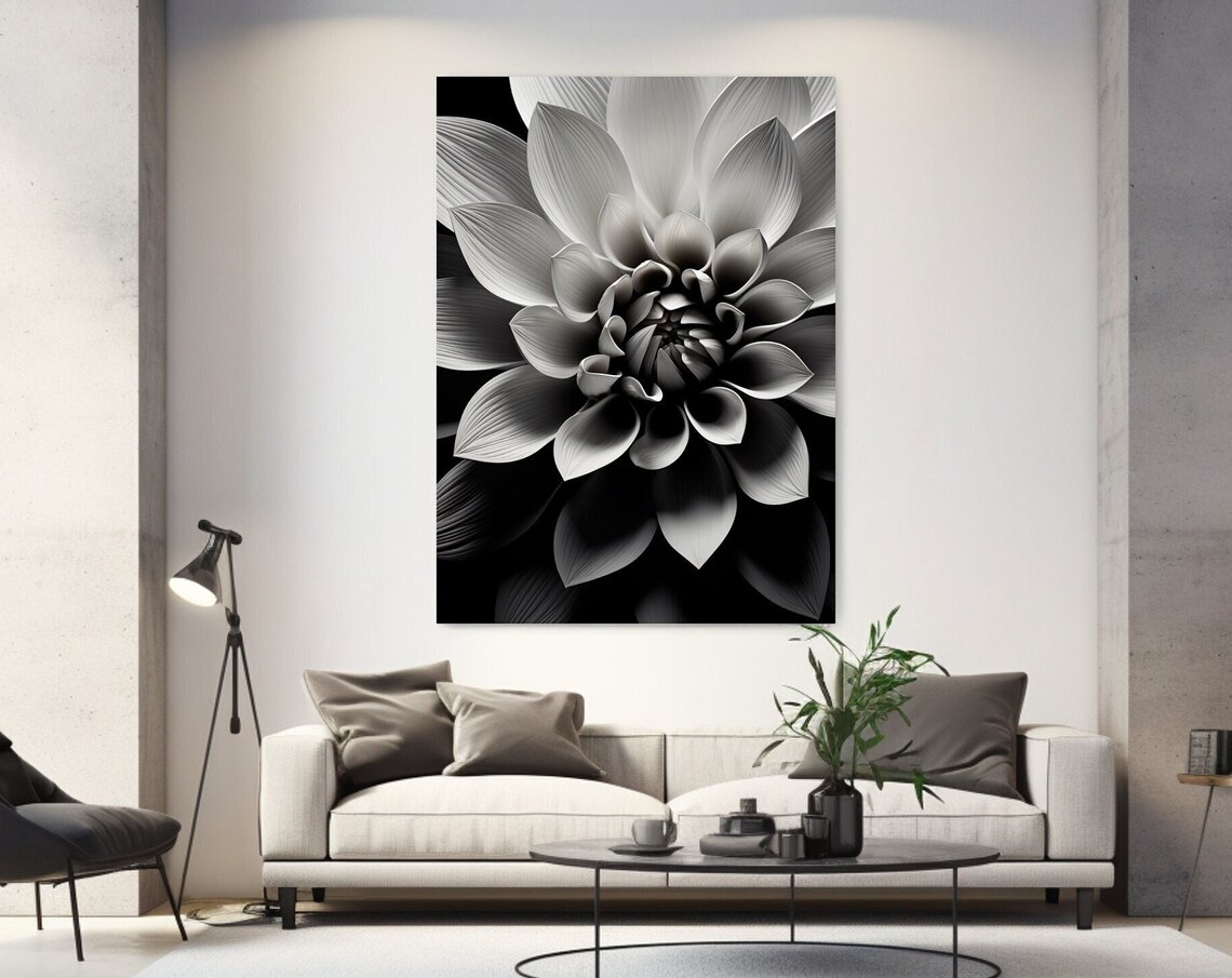 Black And White Dahlia Flower Close Up Monochrome Floral Poster