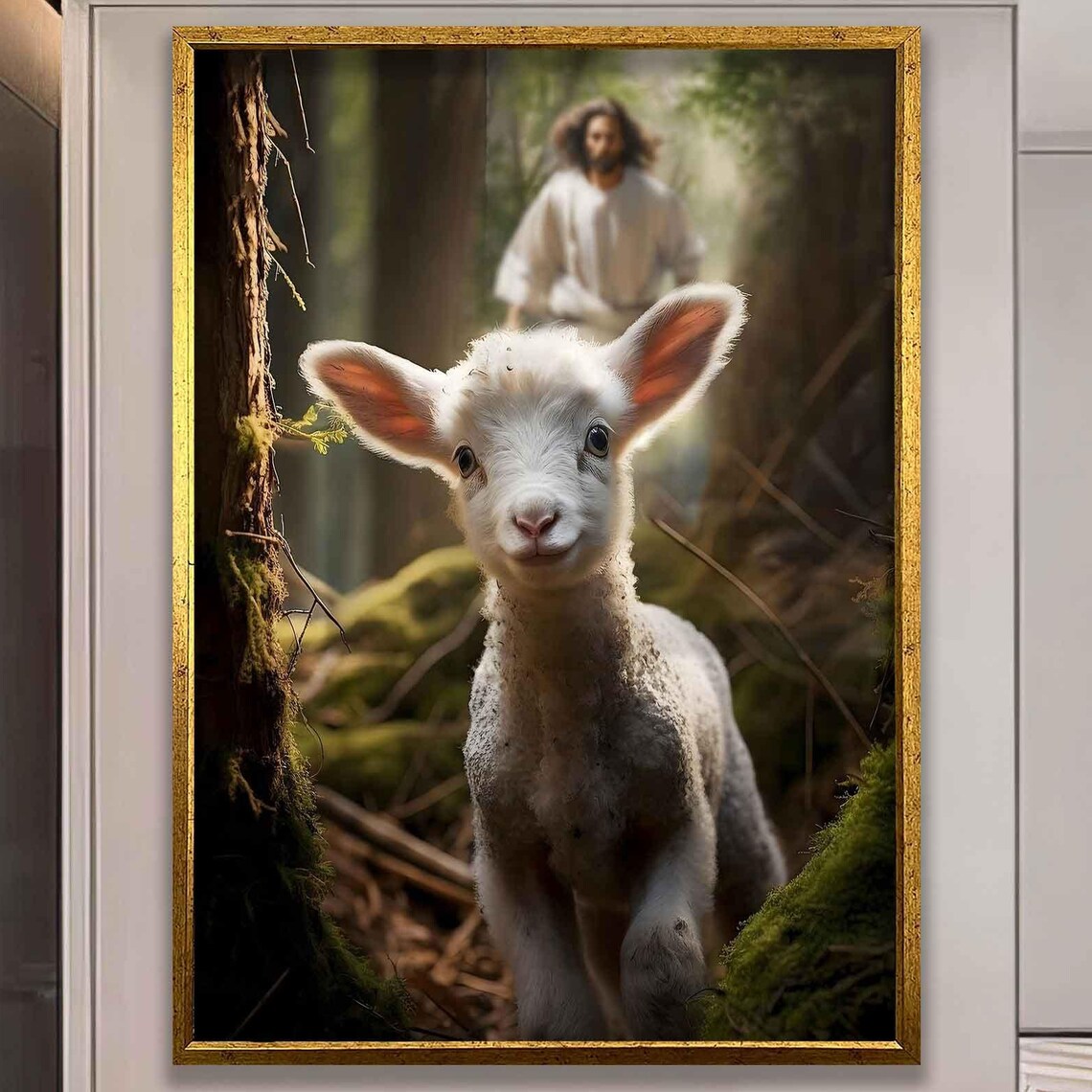 Jesus And The Lamb Walking In A Sunlit Forest Christian Wall Art