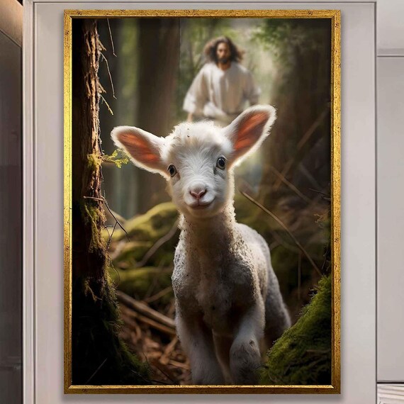 Jesus And The Lamb Walking In A Sunlit Forest Christian Wall Art